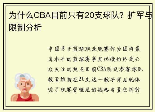 为什么CBA目前只有20支球队？扩军与限制分析