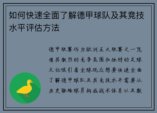 如何快速全面了解德甲球队及其竞技水平评估方法